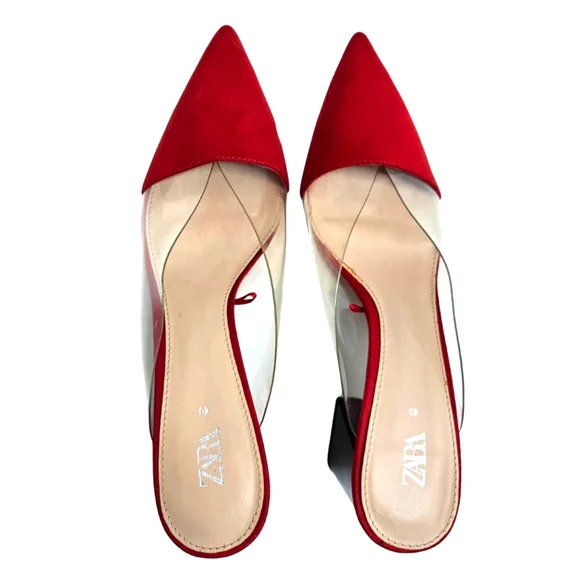 Zara Chunky Block Heeled Mules Vinyl Red High Heels Sexy Business Chic Size US 9 - Picture 2 of 12